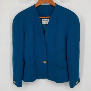 Vintage Kasper for ASL Blazer Skirt Set Size 10 Teal Blue Wool Gold Buttons Chic